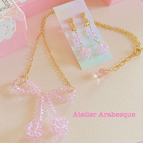 リボンネックレス🎀イヤリング　セット(ピンク) 保管用BOXプレゼント