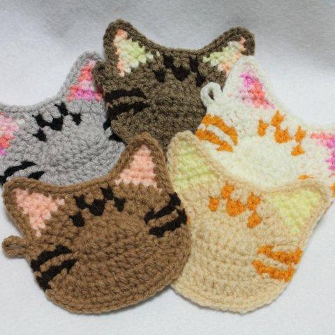 エコたわし&コースター　トラ猫たっぷり5枚セット（1重タイプ　5色トラ猫）