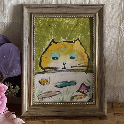 絵画。原画手描き【かわいい橘猫は水槽の魚を見て泳ぐのが好きです】