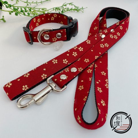 限定価格✨《和柄 えんじ色 小桜金華》犬首輪・リード  セット ～ 中型犬 2cm幅 Dog collar＆dog leash