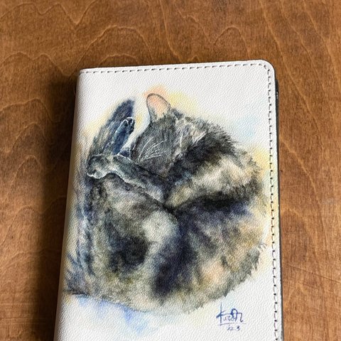 二つ折りパスケース　猫の水彩画【夢の中】