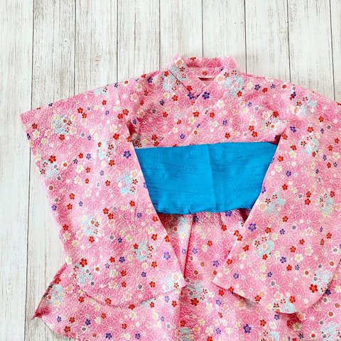 【130】浴衣ワンピース ◎花柄×麻の葉　ピンク ◎帯オプション