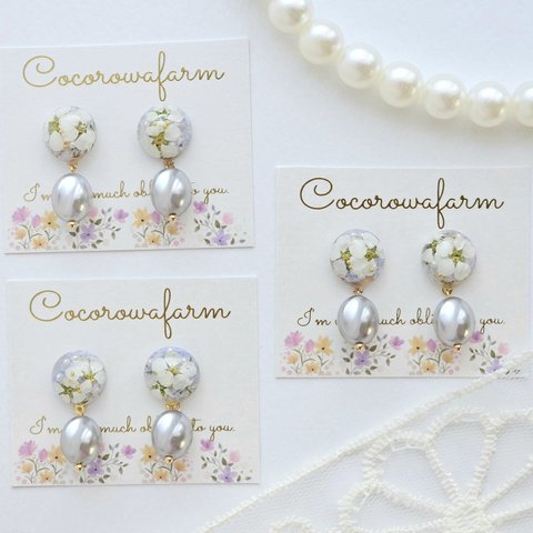 お試し価格 ♡ 花言葉は 「愛らしさ」♡ 白い雪柳の お花 レジン 耳飾り ♡  イヤリング / ピアス  / レジンアクセサリー