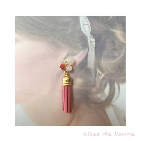 no.2 - pink stone ＊  タッセルピアス