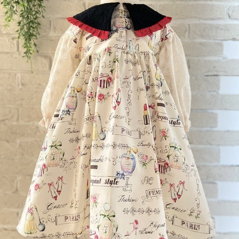 子供服　香水柄＆刺繍生地　Perfumeステンカラー　ジョリーワンピース　90サイズ　女の子　女の子服