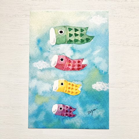 🎏透明水彩画「鯉のぼり」 イラストポストカード 2枚セット　端午の節句　五月人形　こいのぼり🎏