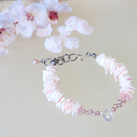 花びらの絨毯【Ⅰ】◇Rose Quartz × Pink shell／316L-bracelet