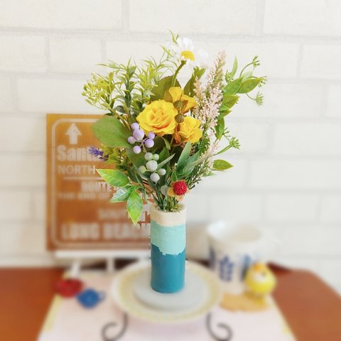 手作り 花瓶 アーティフィシャルフラワー アレンジ　青空の花瓶 バラ【黄色 キッチン 高品質】