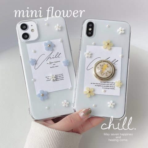 ✿iPhone15対応✿ blue/yellow  mini flower iPhoneケース 