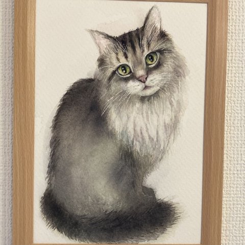 水彩原画B5サイズ_猫の肖像画【フレーム付き・壁掛けタイプ】