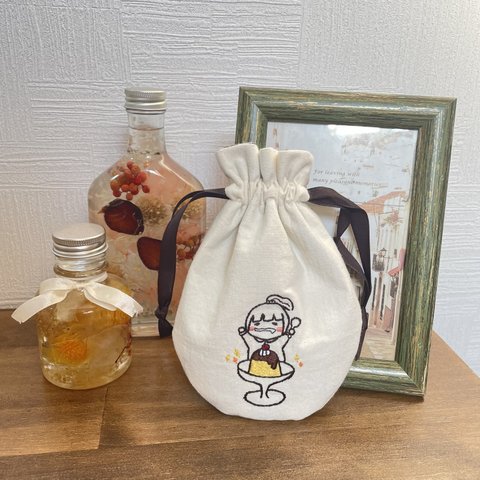 【手刺繍】幸せプリンの巾着袋