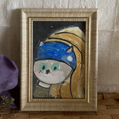 絵画。原画手描【名画:真珠の耳輪をつけた猫】