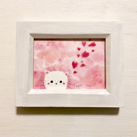 ❤️「ハート猫ちゃん」 水彩画イラストミニ額  ねこ❤️