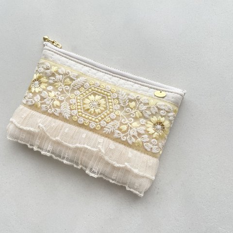 flat pouch S / インド刺繍リボンのフラットポーチS