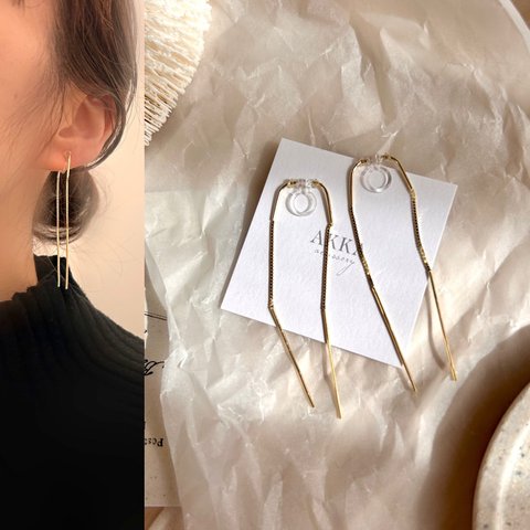 K18gp◆Simple chain long earring シンプル　チェーン　ロング　イヤリング　ピアス　silver925 上品　大人　揺れる　痛くない シンプル　上品　高品質