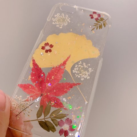 【全機種対応】季節外れの紅葉とイチョウ 押し花スマホケース★iPhone XPERIA AQUOS GALAXY らくらくフォンなど