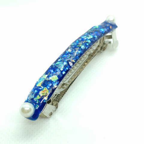 ハンドメイド レジンバレッタ レジン　ブルー＆パール