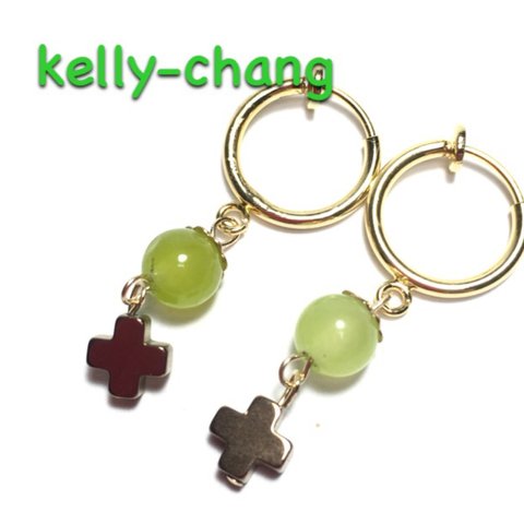 ［Powerstone］Hematite cross & Nephrite K16GP hoop earrings