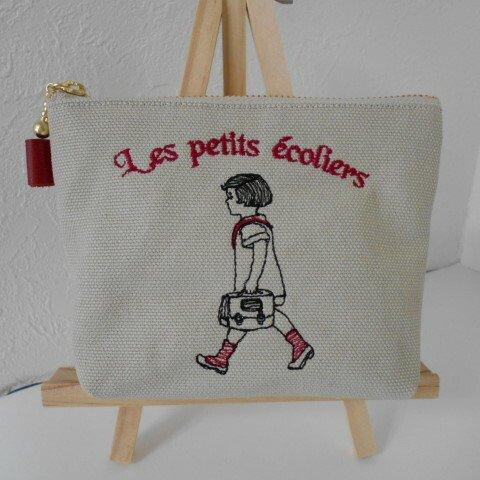 ミニポーチフランス通学の女の子刺繍の帆布のポーチ レッド １４㎝