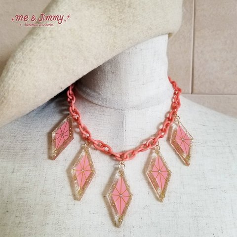 ✴50's inspired diamond shaped ＆ starburst necklace✴【Peach×ピンクチェーン】