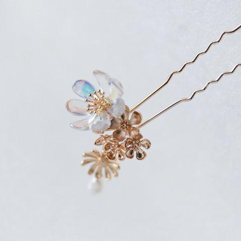 チェコガラスの菊のかんざし　小ぶりサイズ　 簪 Uピン 和装髪飾り　ヘアアクセサリー
