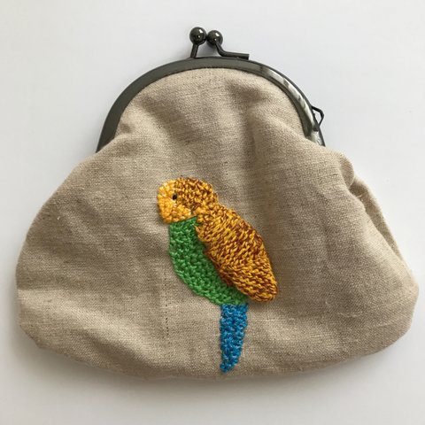 送料無料 刺繍インコの　がま口