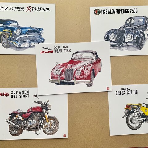 ポストカードサイズ　車イラスト(オートバイ & クラシックカー)  色鉛筆     サイズ 5枚セット  Motorcycle&Classic Car   