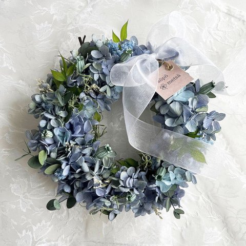 ❤︎.*再販 blue limeアジサイ 紫陽花リース ブルーライム リー ブルー お洒落　お祝い　ウェディング　結婚式　誕生日　ウェディングリース　新築祝い　夏リース