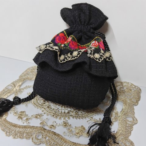 マチ付き❁インド刺繍×ツイードのフリル巾着袋　Black
