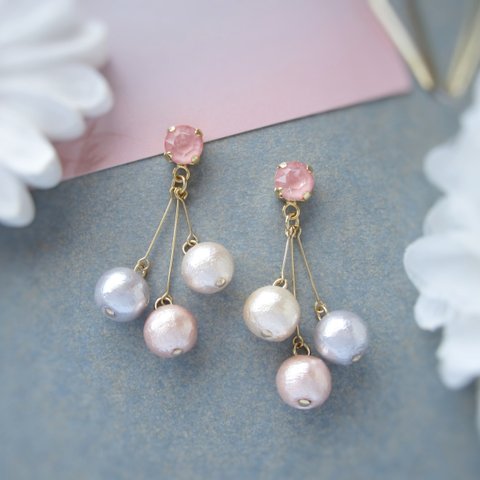 Simple bijou×Cotton pearl。 イヤリング／ピアス(ピンク)*4277*