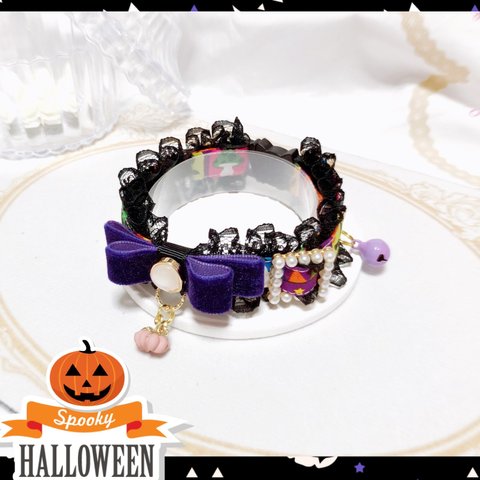 首輪🎃ハロウィンパッチワーク柄×ダークパープルベルベットリボン🎃