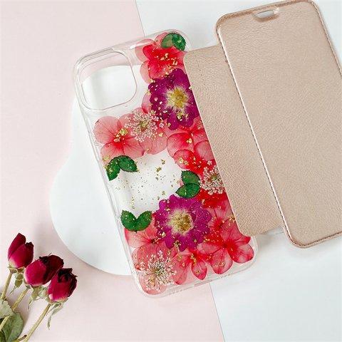 紫陽花&バラ押し花スマホケース、全機種対応、手帳型、四隅にショルダーホール、iPhone15、iPhone15Pro、iPhone15plus、iPhone14Pro 、GooglePixel