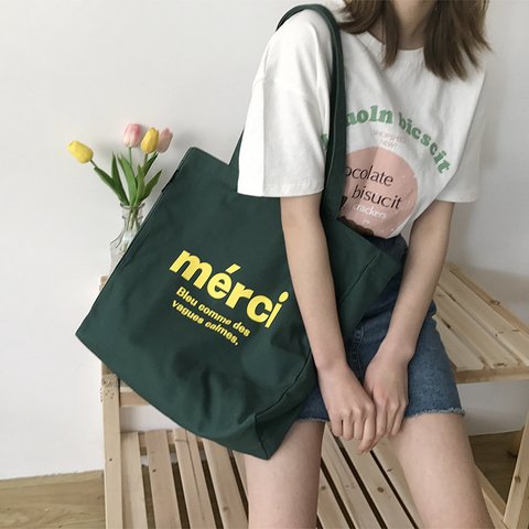 【2023.4新作♥即日発送】韓国ファッション　大容量グリーン×イエローロゴバッグ　トートバッグ　鞄　-9423