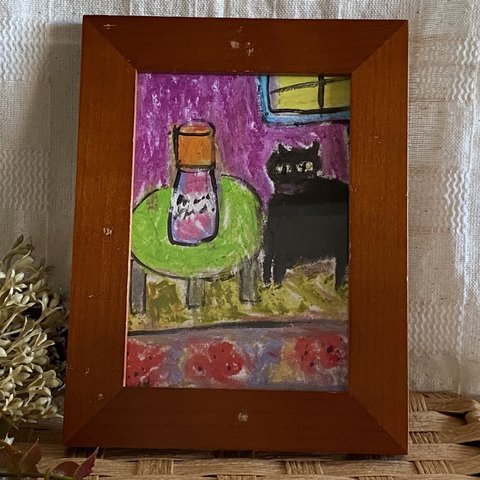 絵画 。原画【部屋の中で、黒猫はテーブルの上のワインを見つけた】