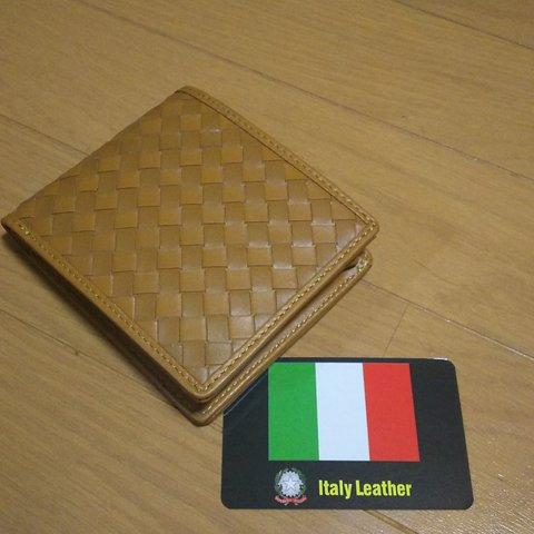 本革 イタリア製 レザー 編み込み 二つ折り 2つ折り短財布 キャメル