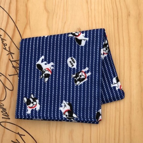 (刺繍名入れ可 )犬④ フレンチブルドッグ　紺ストライプ　ガーゼハンカチ　24ｘ24