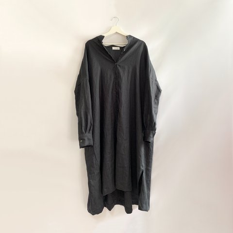【カラー別注可】リネンロングシャツドレス　ブラック