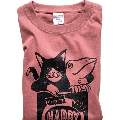 猫とカエルのTシャツ（ヘイジーピンク）【M】男女兼用