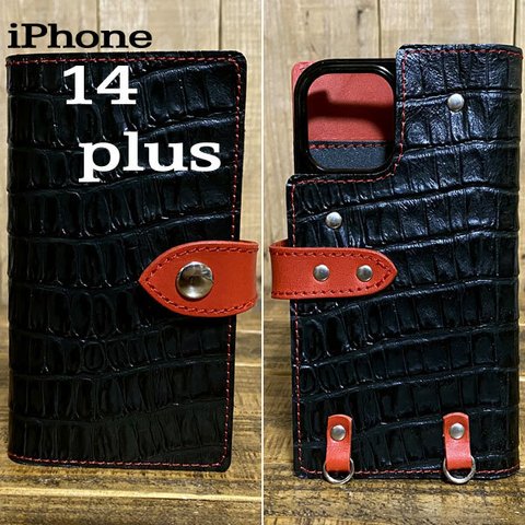 手帳型 スマホケース iPhone 14 plus 用 革 スマホショルダー ハードカバー クロコ型押し ブラック レッド 赤糸
