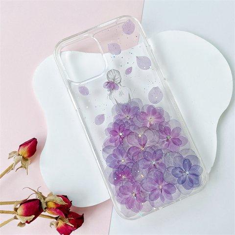 紫陽花押し花スマホケース、全機種対応、手帳型、四隅にショルダーホール、iPhone15、iPhone15Pro、iPhone15plus、iPhone14Pro 、GooglePixel