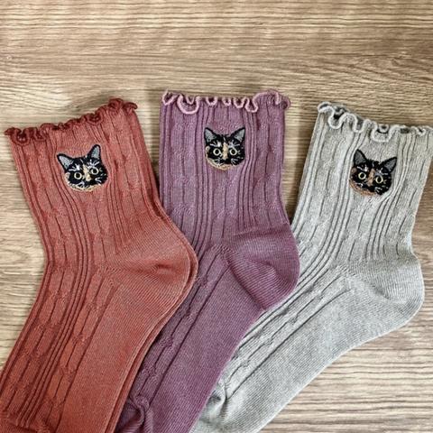 3足アソートセット☆毛並みまで感じる猫さん刺繍のソックス『サビ猫FURIKAKE』