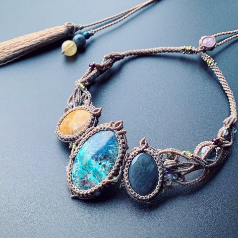 chrysocolla × maligano jasper × blood stone / macrame necklace #マクラメネックレス#