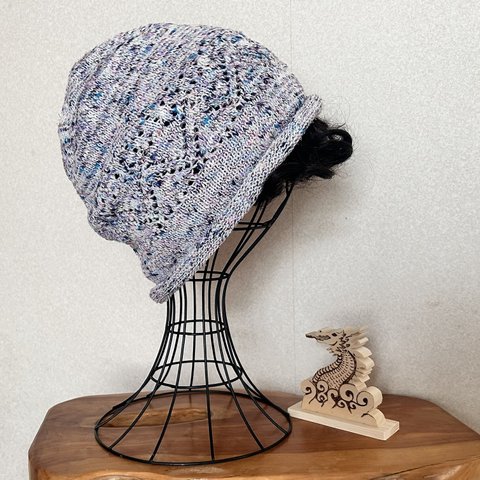 コットン　透かし編み帽子　Ｍサイズラベンダー