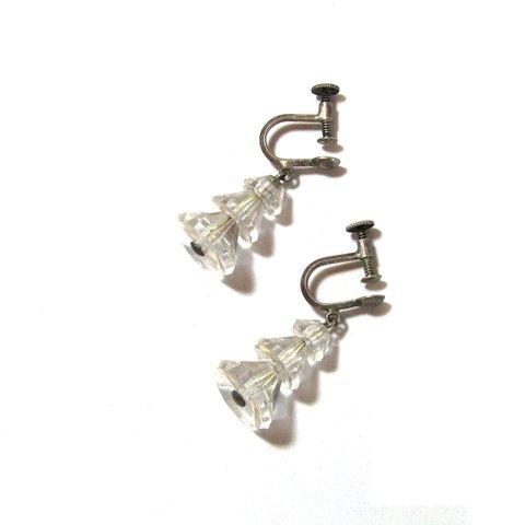 30s Vintage Clear Glass Design Silver Earrings