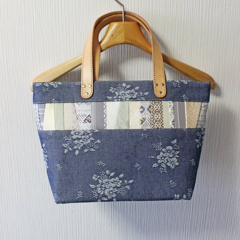博多織×デニムトートバッグ「連」S　ブルー　水色花柄×ベージュレザー（LT-39）