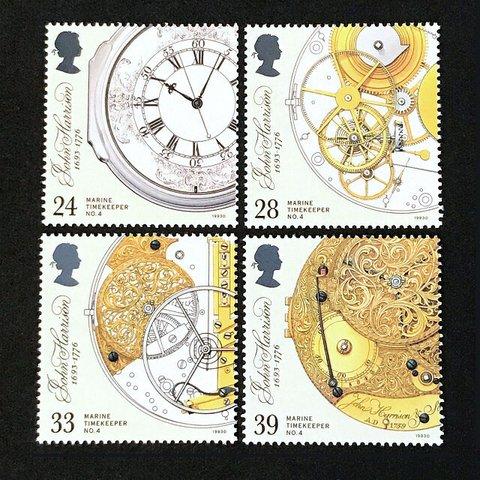 機械式時計 イギリス 1993年 外国切手4種 未使用【時計歯車切手 素材】