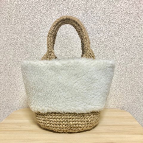 秋冬bag★麻×もこもこホワイトbag