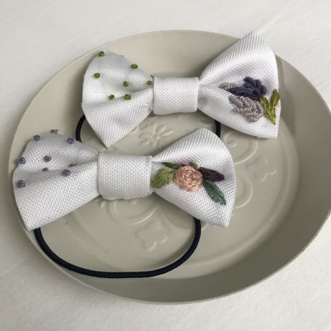 リネン手刺繍髪ゴム　お出かけ髪ゴム