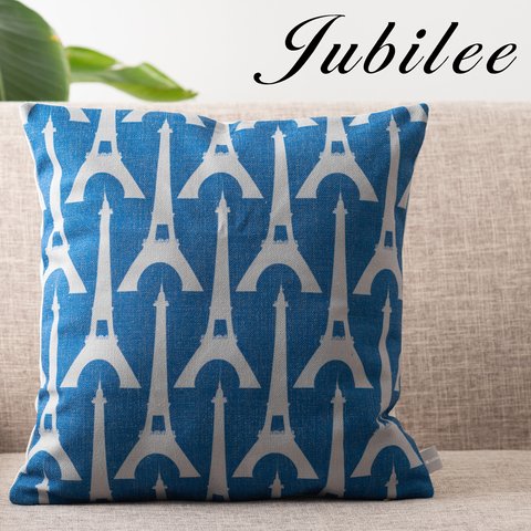 Jubilee リネンクッションカバー 北欧デザイン 45×45cm タワー ブルー jubileecushionCC010w