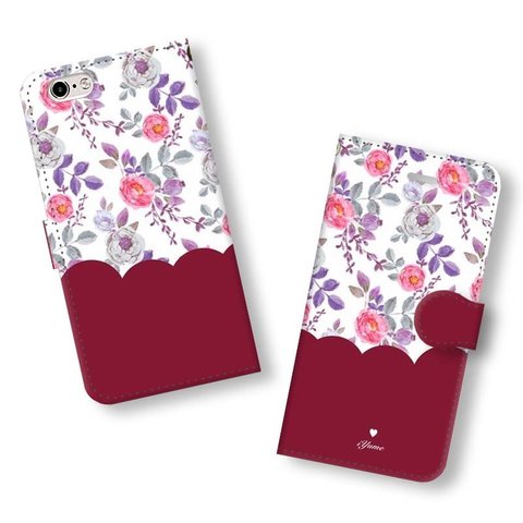 手帳型 feminine floral case＊ボルドー  名入れ スマホケース iPhone13 XS Max XS X 8 8Plus Xperia Galaxy ARROWS 多様機種対応